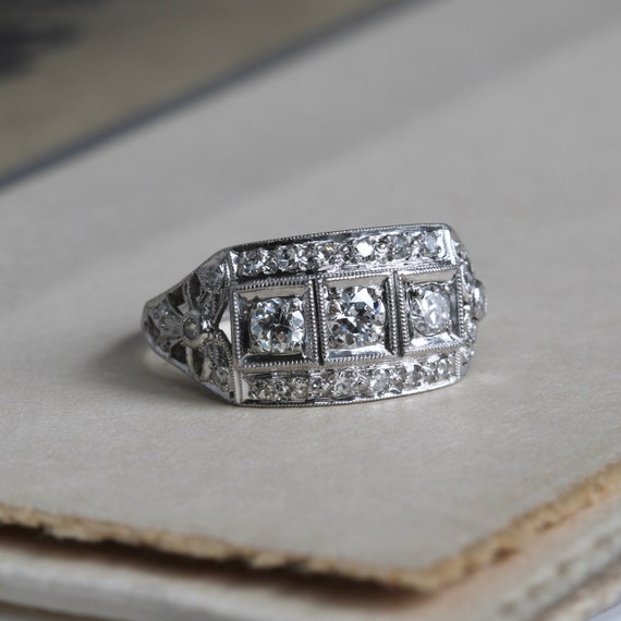 Antique Platinum Filigree Diamond Ring, Three Sto… - image 3