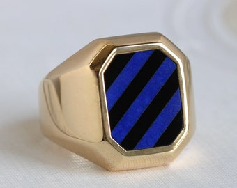 Vintage 18k Mid Century Lapis Lazuli & Black Onyx Striped Signet Ring