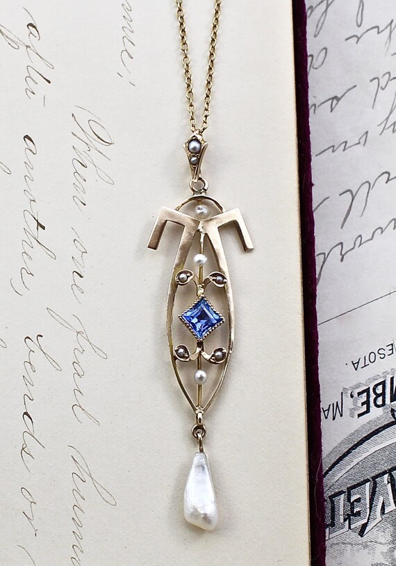 Edwardian Lavaliere Pendant, Antique 10k Sapphire… - image 2