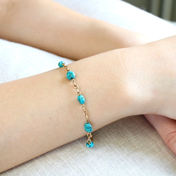 Antique 14k Gold Chain Turquoise Nugget Bracelet Etsy