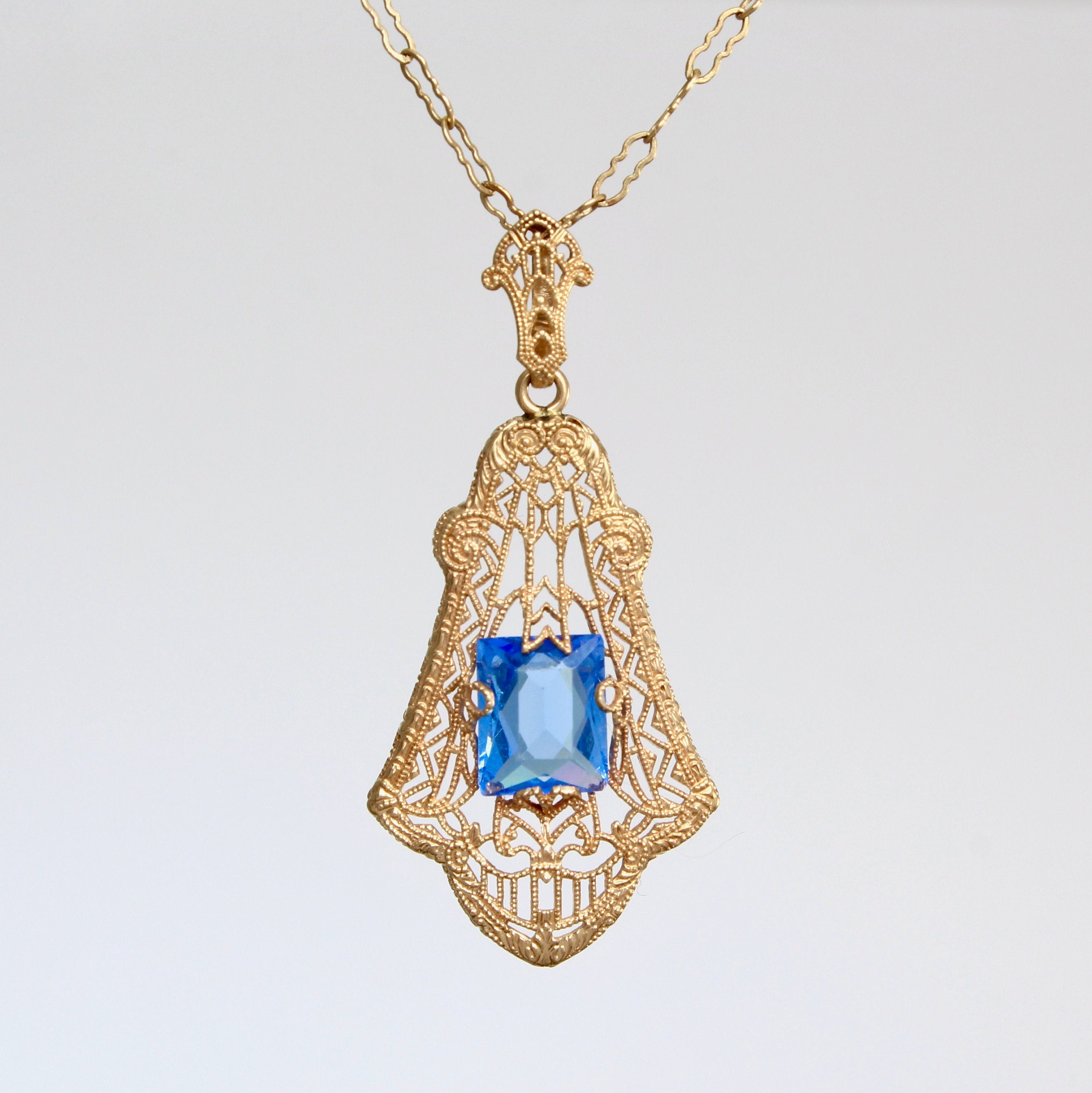 Antique 10k Filigree & Blue Gem Lavaliere Necklace, Yellow Gold