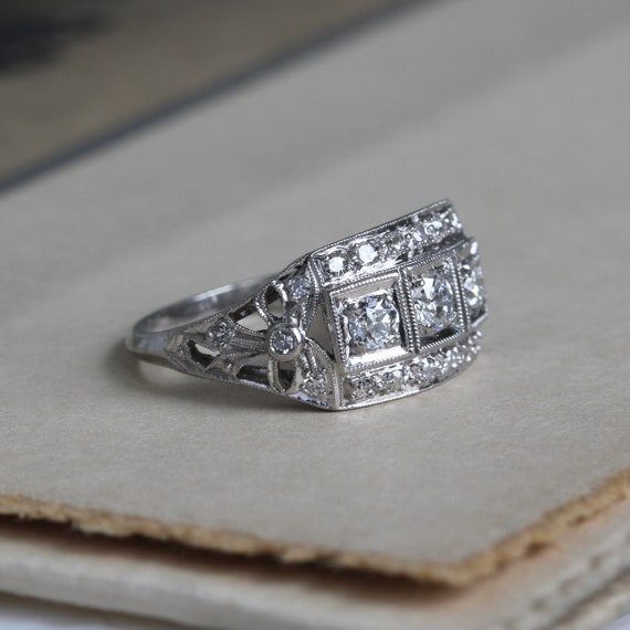 Antique Platinum Filigree Diamond Ring, Three Sto… - image 4