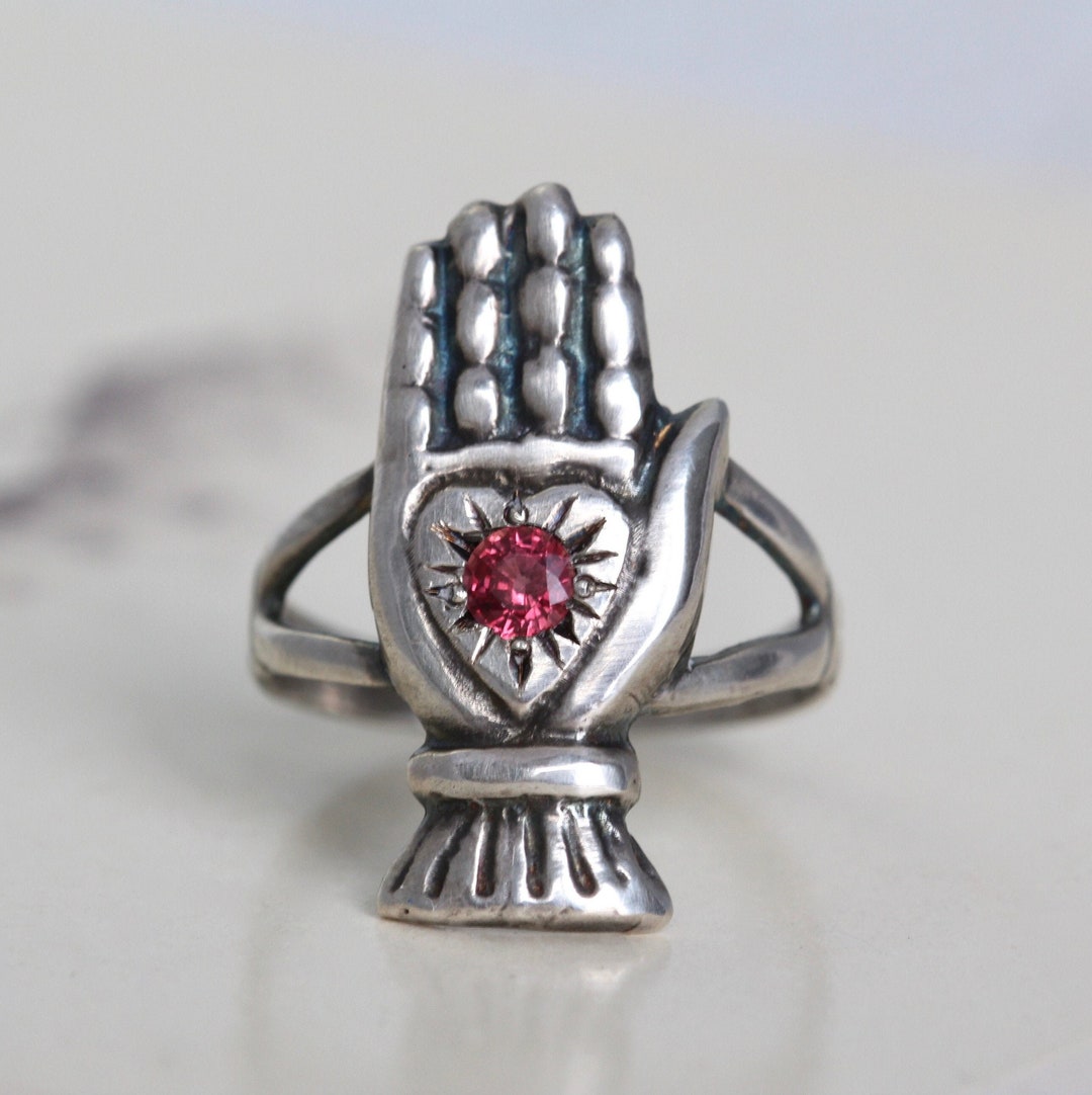Sterling Heart in Hand Ring With Red Sapphire Antique Style Etsy