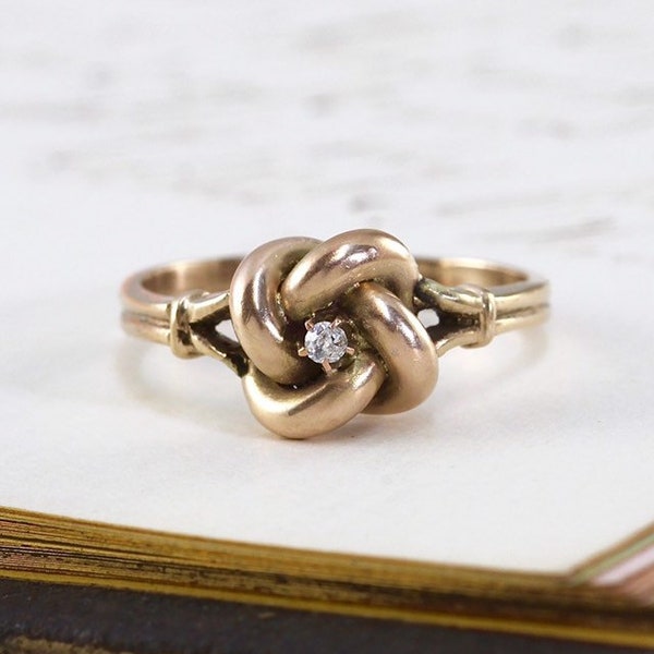 Antique Love Knot Ring, 14k Yellow Gold & Mine Cut Diamond, Bridal Alternative Engagement Statement Ring, Anniversary Gift