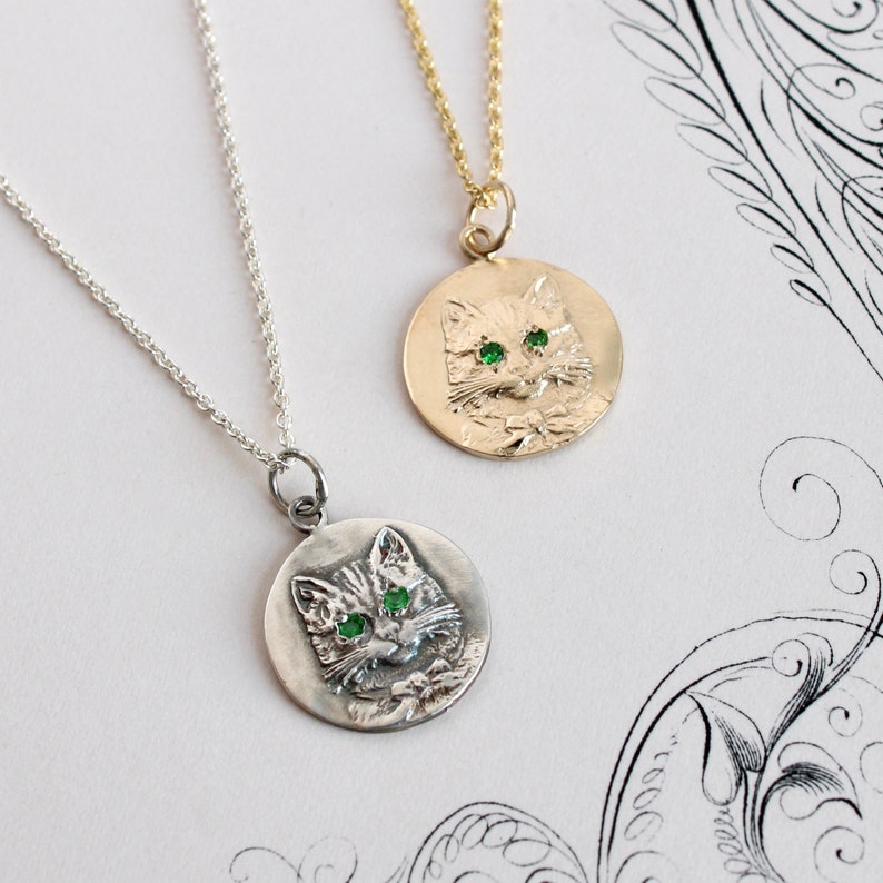 Handmade Cat in a Bowtie Charm Necklace, Sterling Silver & Tsavorite Green Garnet image 5