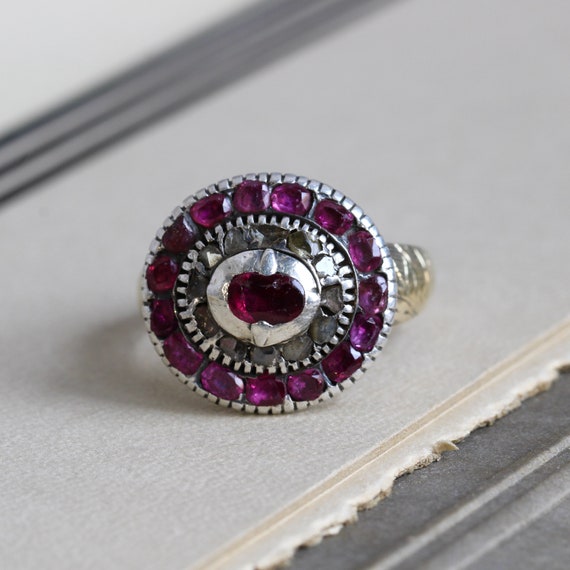 Georgian Ruby & Rose Cut Diamond Ring, Antique Ci… - image 7