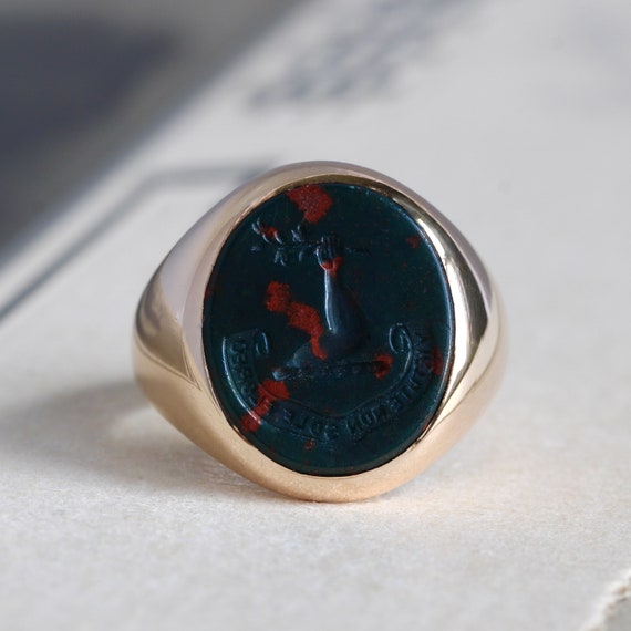 Bloodstone Intaglio Crest Signet, Antique 10k Lat… - image 7