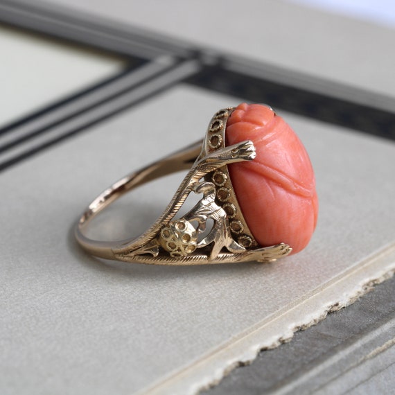 Antique 14k Carved Coral Scarab Ring - image 3