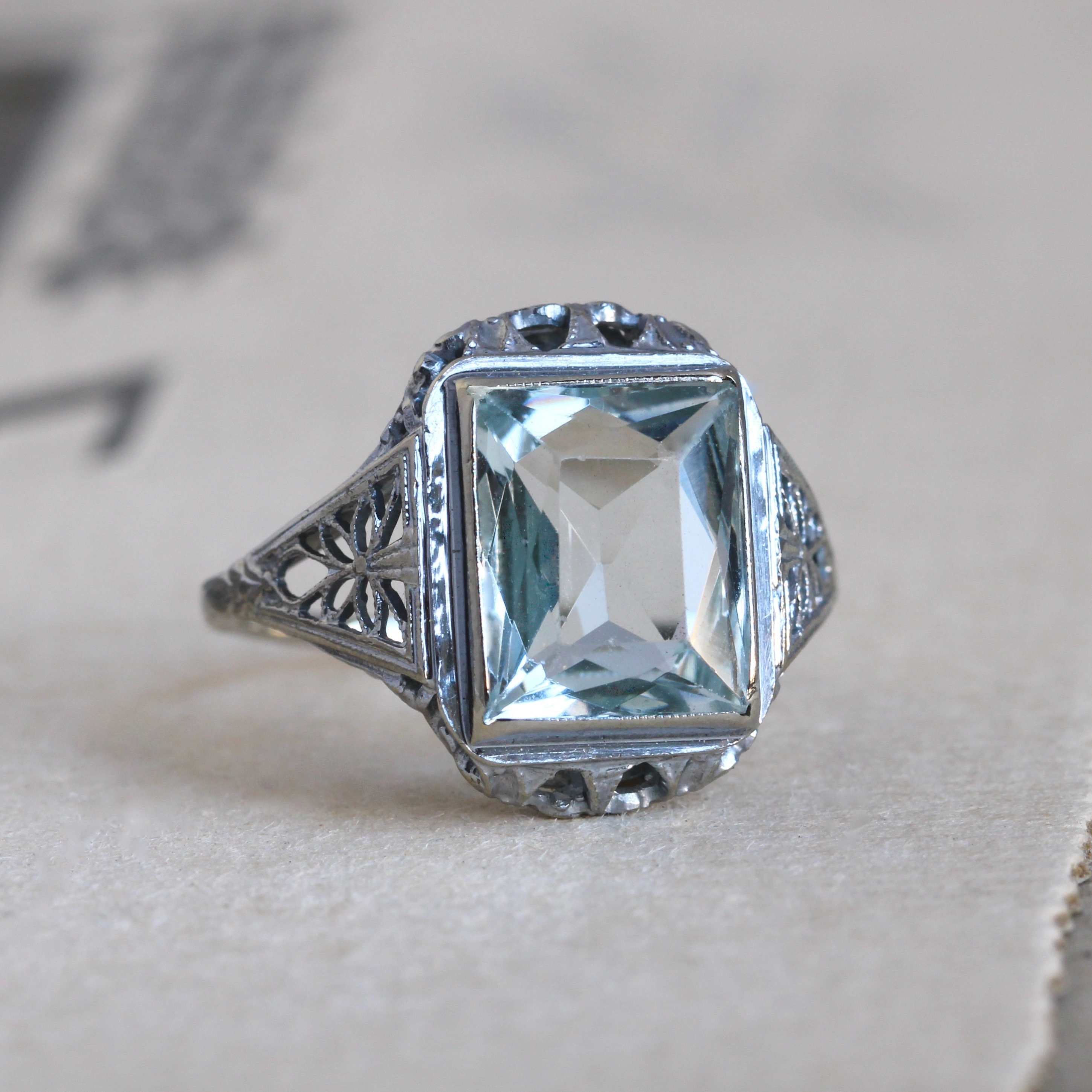 Art Deco Aquamarine Ring & Antique Cocktail Diamond Ring In 14K White Gold 