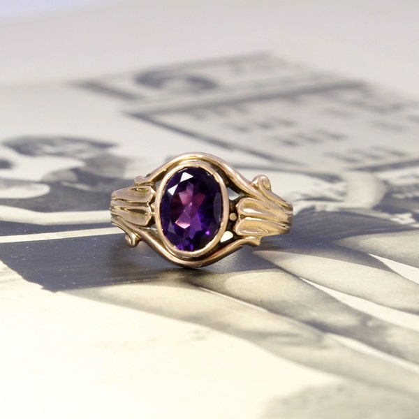 Antique Edwardian Amethyst Ring, 14k Rose Gold Pink Gold, Art Nouveau, Deep Rich Purple, February Birthstone