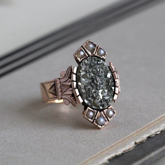 Victorian 14k Pyrite & Pearl Ring - image 2