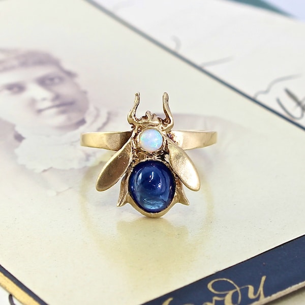 Antique Jeweled Insect Ring, September Birthstone Love Token, Recycled 14K Yellow Gold, Sapphire & Opal Fly Ring, Antique Victorian Elements