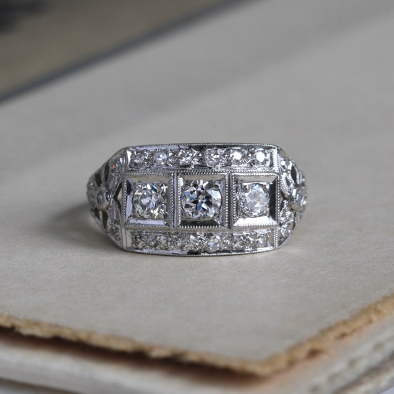 Antique Platinum Filigree Diamond Ring, Three Sto… - image 2