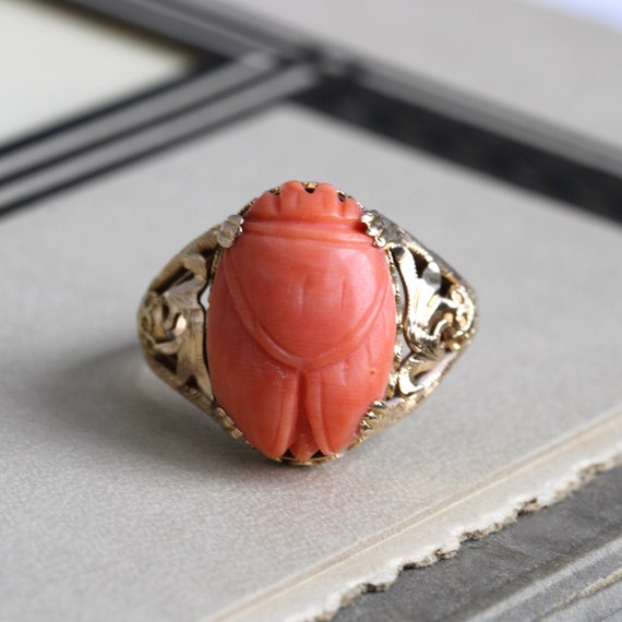 Antique 14k Carved Coral Scarab Ring - image 1