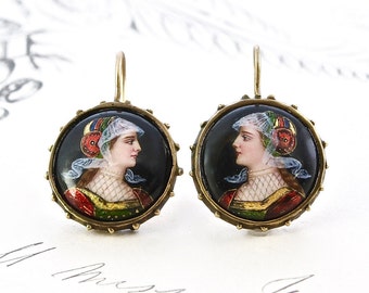 Antique Victorian 18k Gold French Limoges Enamel Portrait Earrings, Renaissance Revival Jewelry