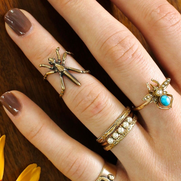 Unique Midi Cuff Ring, Handmade 14k Yellow Gold & Diamond Insect Bug, Adjustable Size, Recycled Gold, Bohemian Jewelry Stacking Pinky Ring