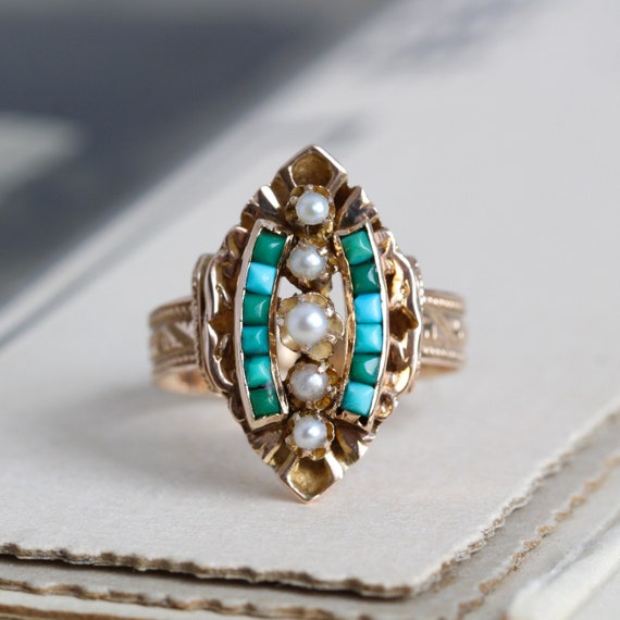 Victorian Pavé Turquoise & Pearl Ring, Antique 14… - image 1