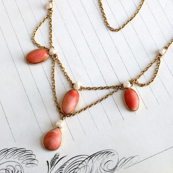 Edwardian 14k Coral & Pearl Festoon Necklace - image 3