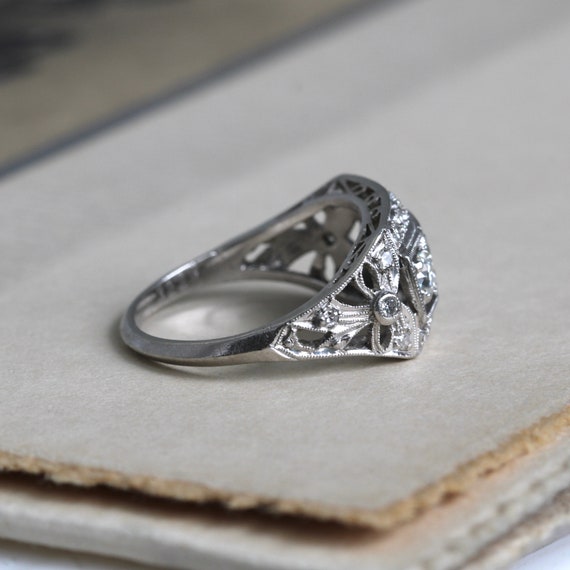 Antique Platinum Filigree Diamond Ring, Three Sto… - image 5