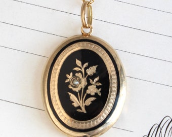 Antique 14k Victorian Black Enamel Mourning Locket Necklace