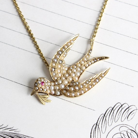 Antique Flying Bird Necklace, 14k & Pearl Peace Do
