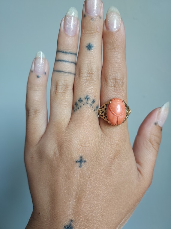 Antique 14k Carved Coral Scarab Ring - image 7