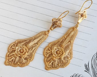 Antique 16k Gold Filigree Pendant Earrings