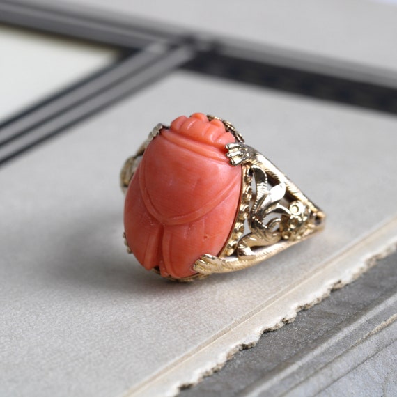 Antique 14k Carved Coral Scarab Ring - image 6