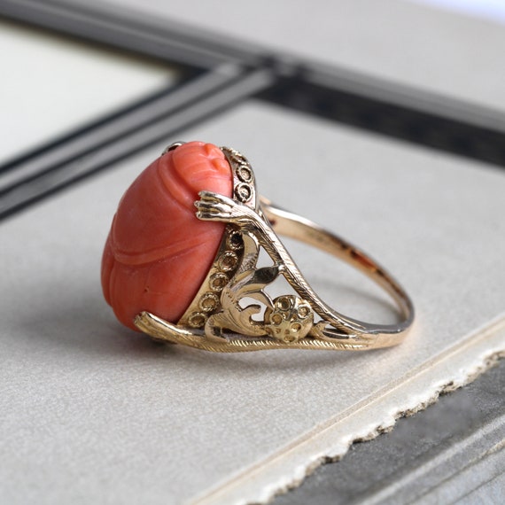 Antique 14k Carved Coral Scarab Ring - image 5