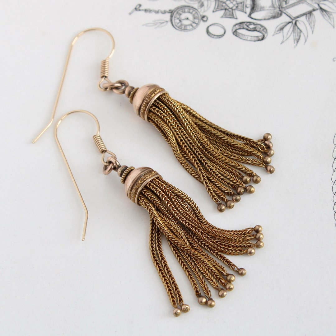 Victorian 14k Gold Long Tassel Earrings, Antique Statement Jewelry 