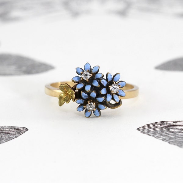 Antique Enamel & Diamond Flower Ring, Victorian 14k Gold Mine Cut Diamond Forget Me Not Bouquet, Bohemian Bridal Jewelry Anniversary Gift