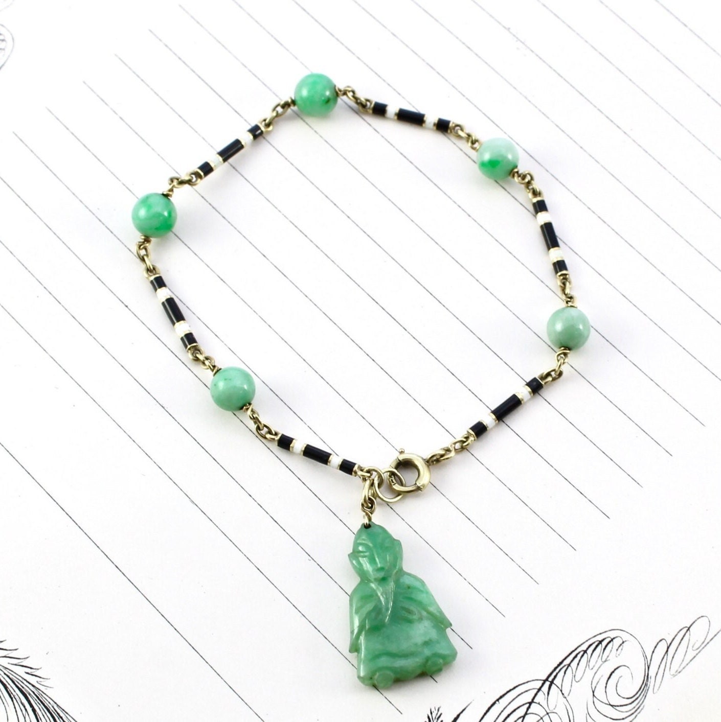Antique Art Deco Enamel Jade Buddha Bracelet 14k Yellow Gold