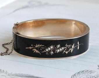 Victorian Lily of the Valley 10k Black Enamel & Pearl Bangle Bracelet