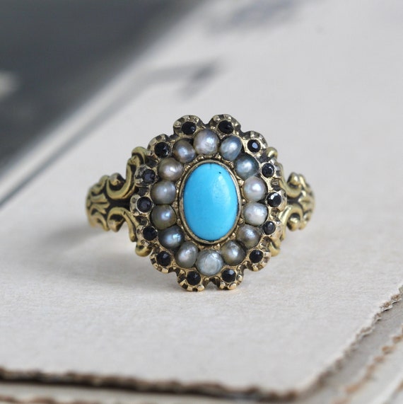 Antique Georgian 14k Turquoise Paste & Pearl Halo 