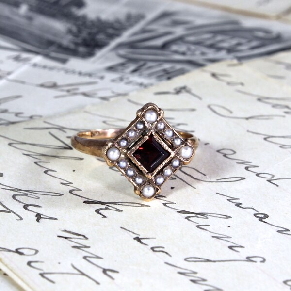 Antique Victorian 10k Garnet and Natural Seed Pearl Ring, Sweetheart, Friendship, Promise Ring