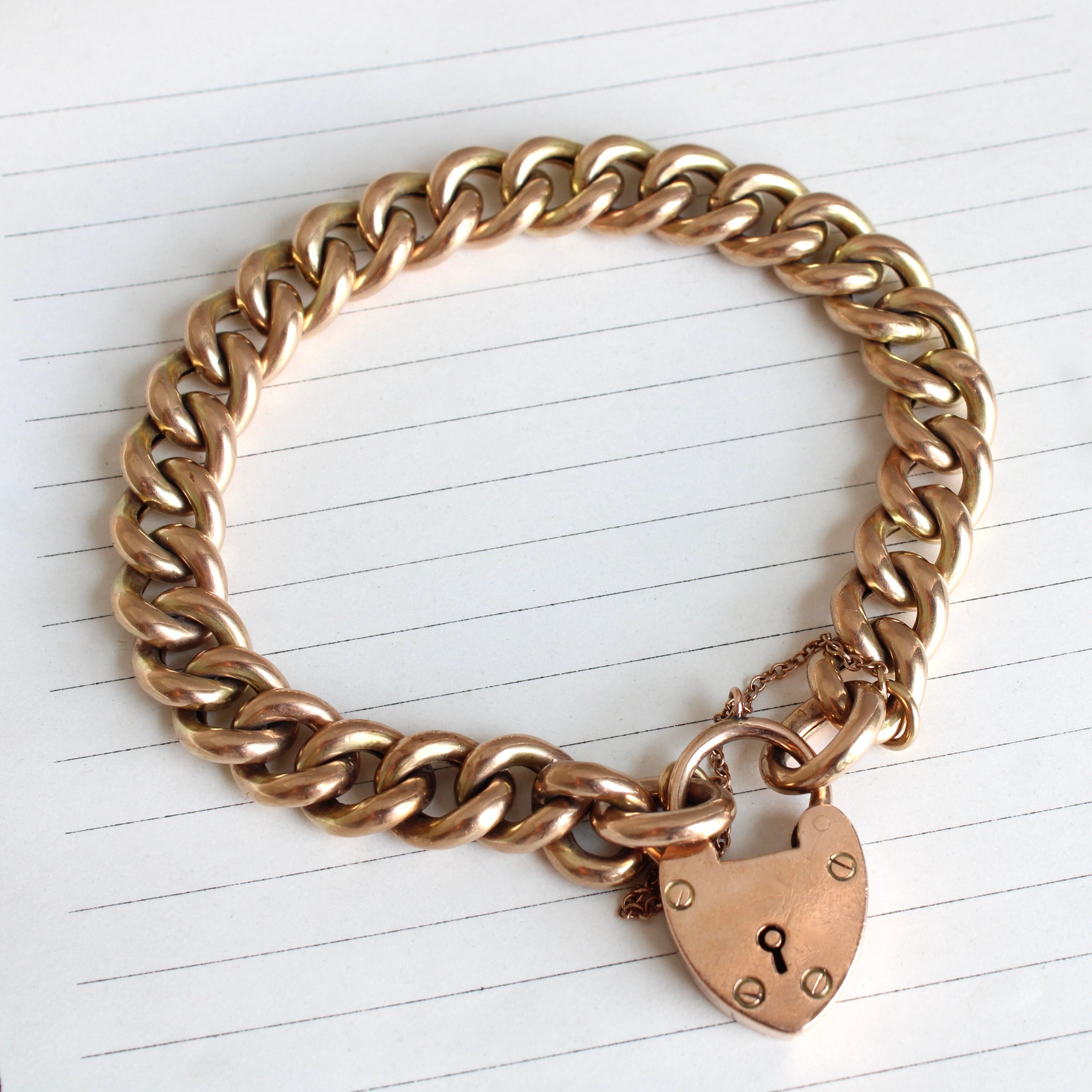 Vintage English 9k Rose Gold Curb Chain Heart Padlock Bracelet 7.7