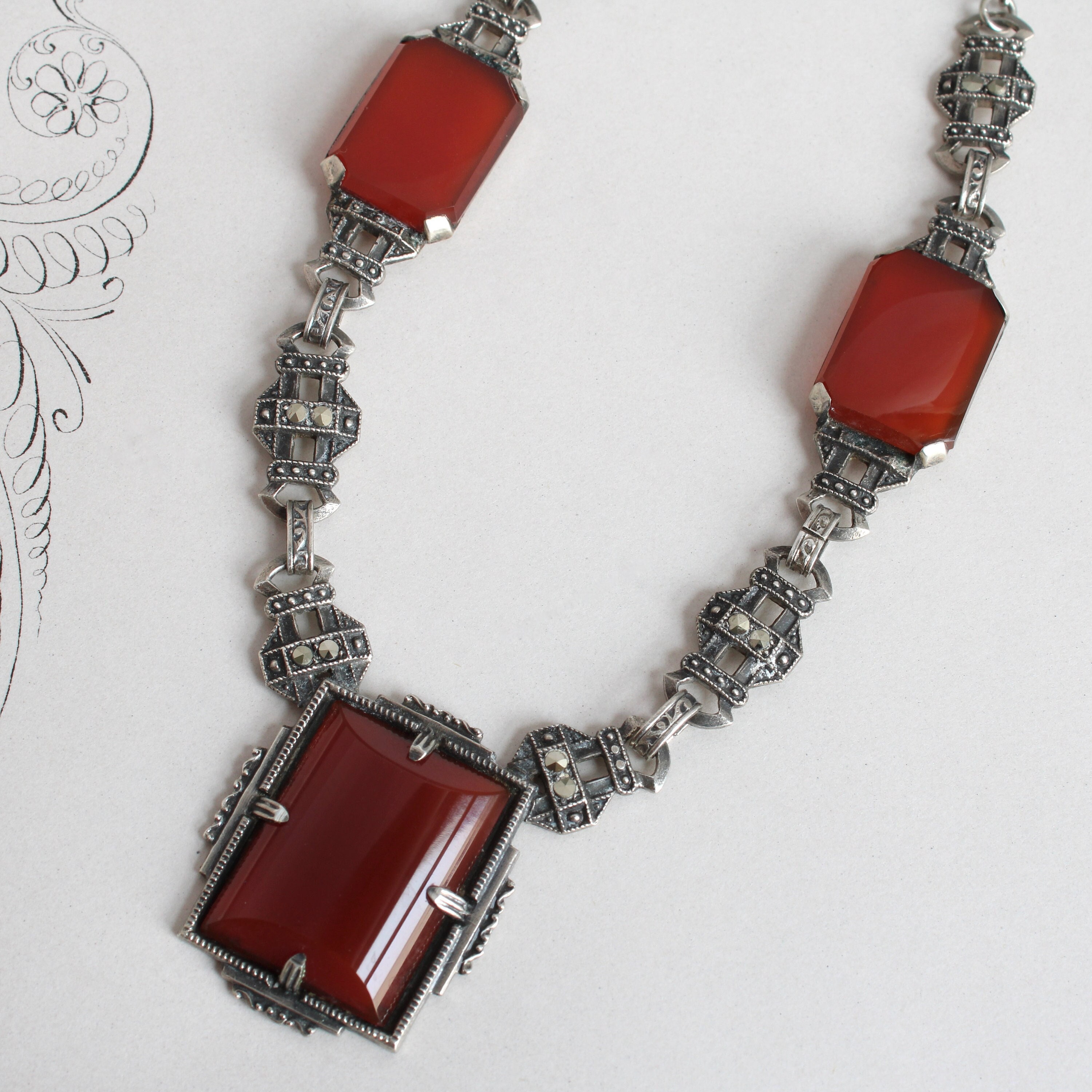 Antique Art Deco Carnelian Marcasite Necklace, Sterling Silver