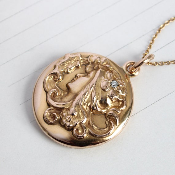 Art Nouveau 14k Gold & Diamond Locket Necklace wi… - image 1