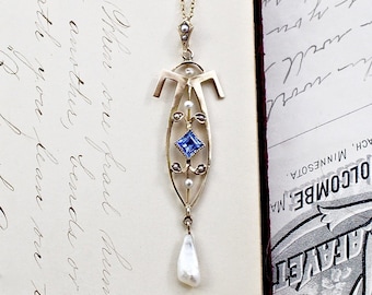Edwardian Lavaliere Pendant, Antique 10k Sapphire Paste and Genuine Pearl, Bridal Necklace Jewelry, Something Blue