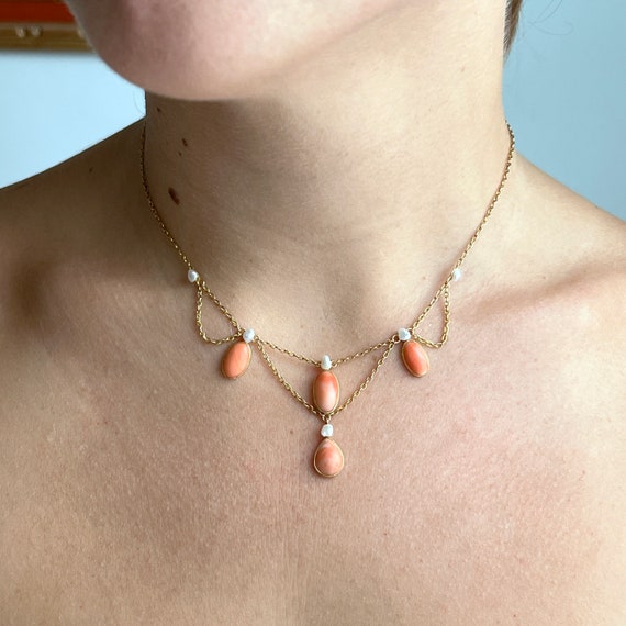 Edwardian 14k Coral & Pearl Festoon Necklace - image 5