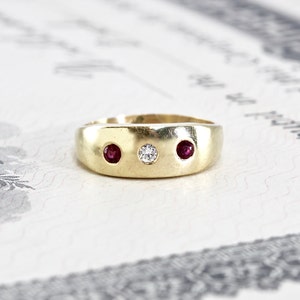 Vintage Ruby & Diamond Ring, Three Stone Gypsy 14k Yellow Gold Stacking Band, Bohemian Alternative Engagement Wedding, April July Birthstone