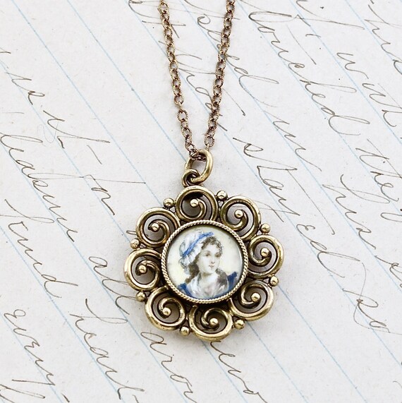 Victorian Miniature Portrait Necklace 14k Hand Painted Georgian Lady