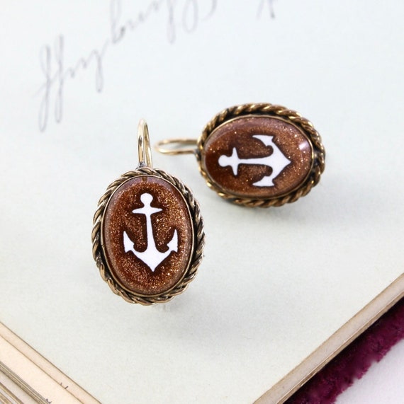 Antique Victorian Aventurine Glass Anchor Earrings