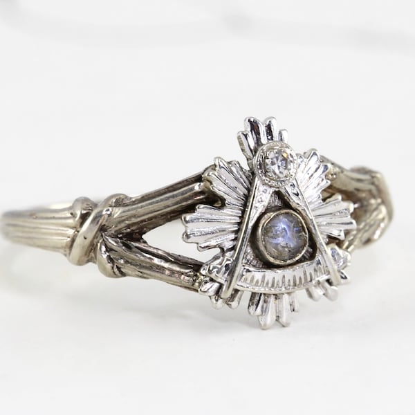 Moonstone Man in the Moon Ring, Antique 14K White Gold Carved Moonstone & Diamond Boho Jewelry Alternative Engagement, Masonic Past Master
