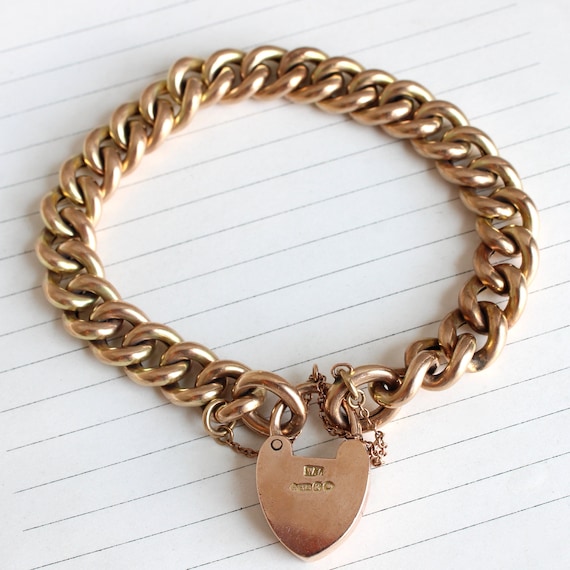 Antique 9k Curb Chain Bracelet with Heart Padlock - image 2