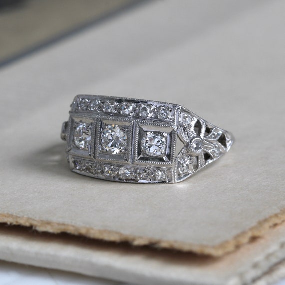 Antique Platinum Filigree Diamond Ring, Three Sto… - image 8