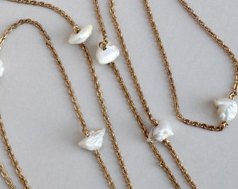 Antique Long Layering Chain Necklace with Baroque Pearl Stations