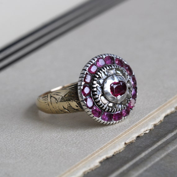 Georgian Ruby & Rose Cut Diamond Ring, Antique Ci… - image 2