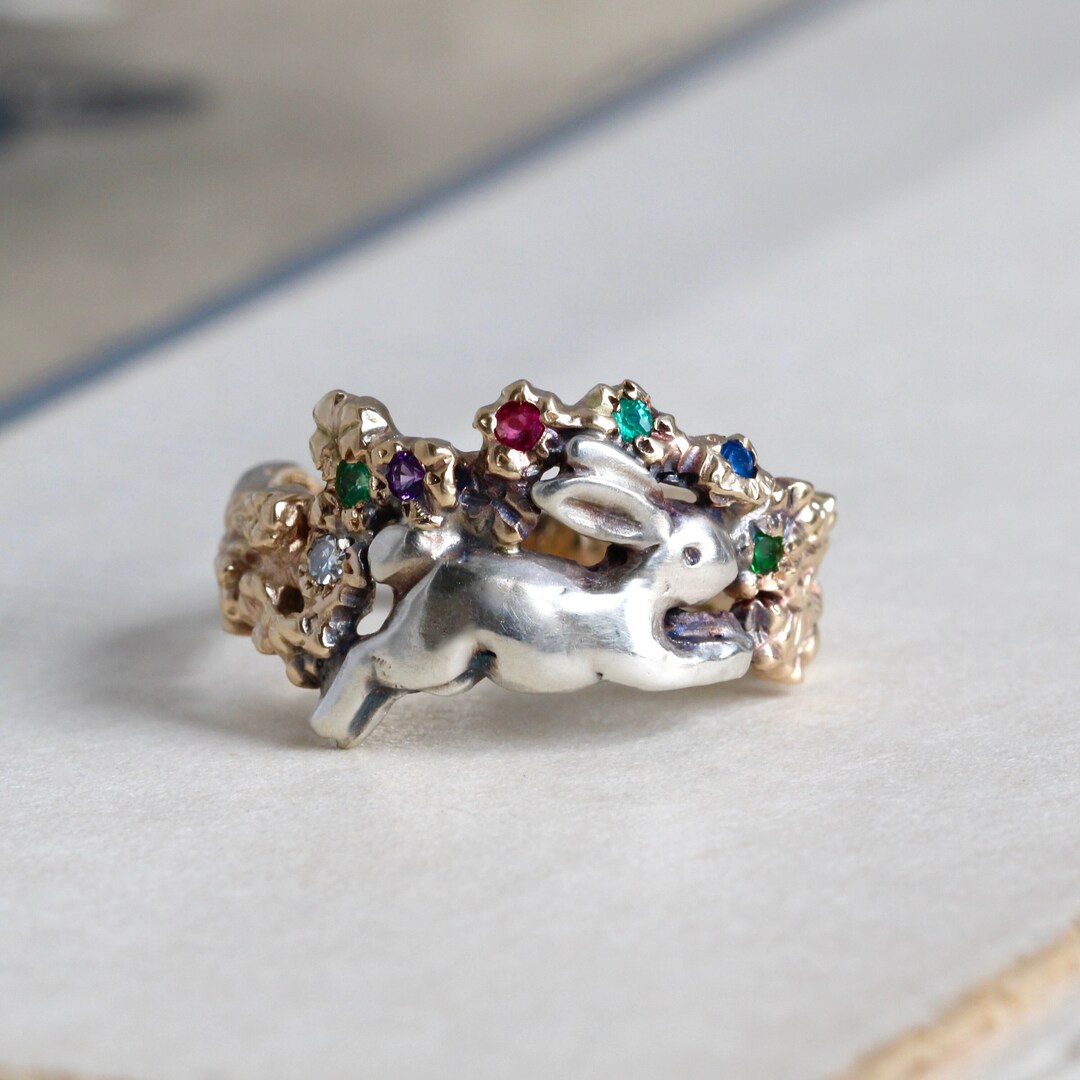 Bunny Rabbit & Gemstone Flower Ring, Handmade 14k and Sterling Acrostic ...