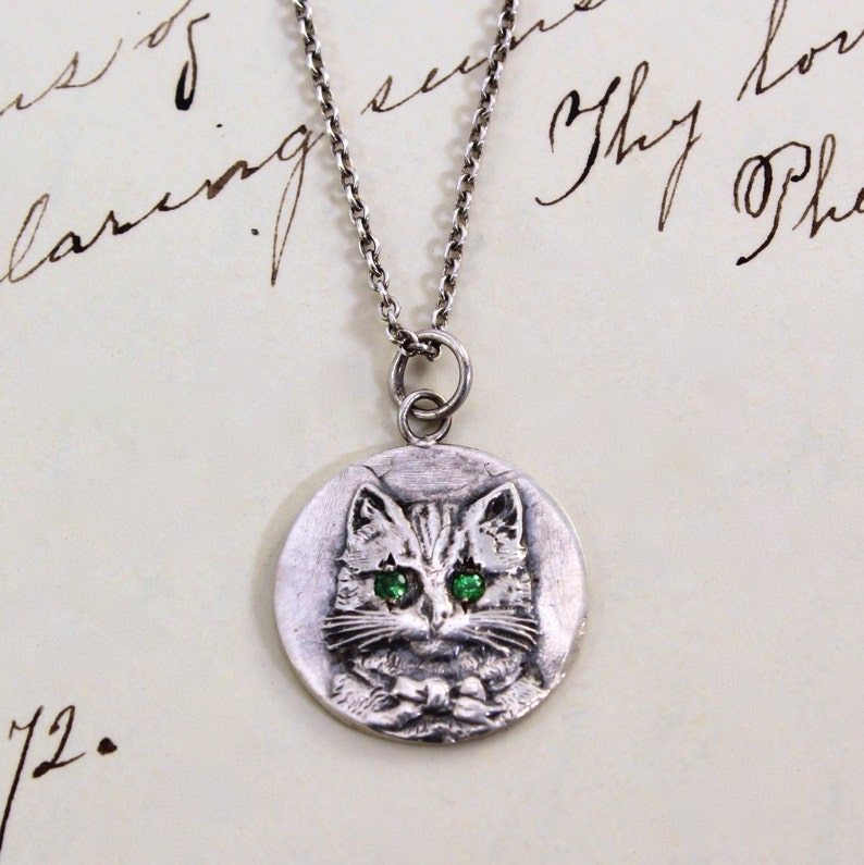 Handmade Cat in a Bowtie Charm Necklace, Sterling Silver & Tsavorite Green Garnet image 2